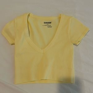 Garage Clothing Yellow V-Neck Short Sleeve Ribbed Crop Top